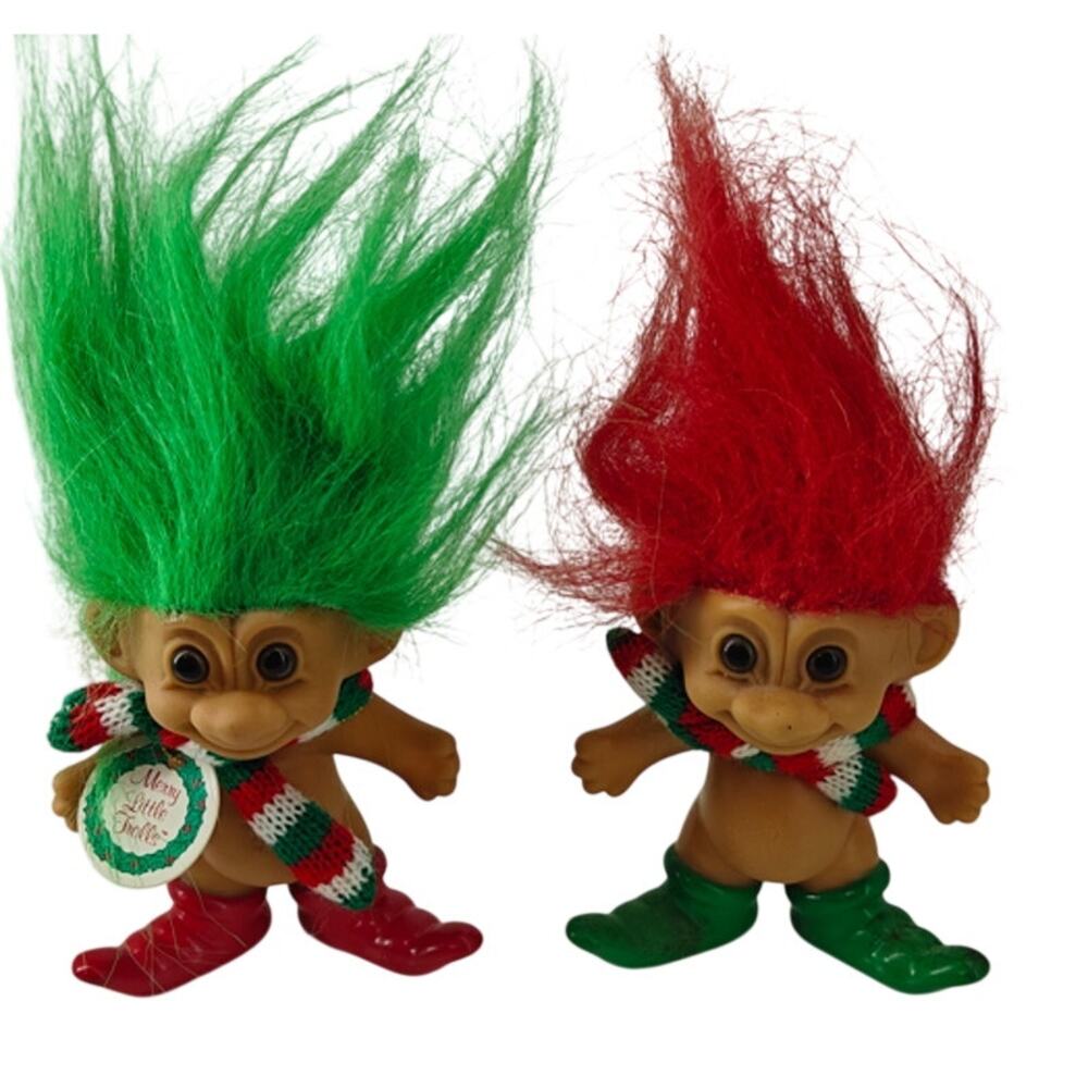 Vintage 90s Merry Little Trolls Christmas Elf by Russ Troll doll Wearing Scarf